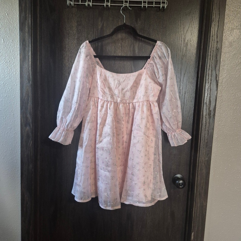 Allison + Kelly Pink Floral Eyelet Babydoll Mini Dress Puff Sleeve 6DYEZ782 M
